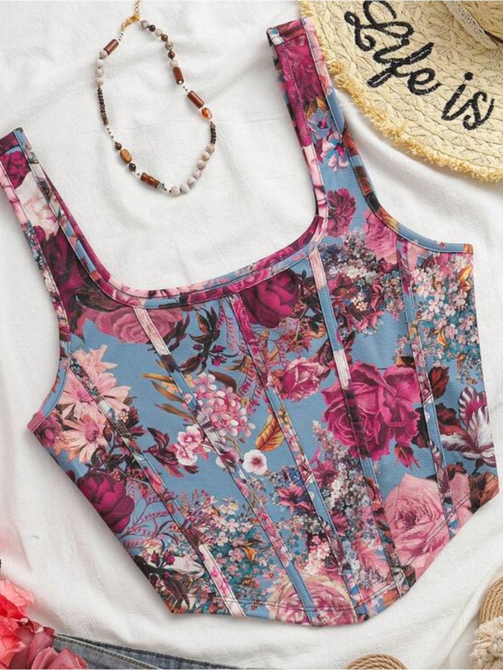 Floral Print Sleeveless Corset Camisole - Blue/Pink